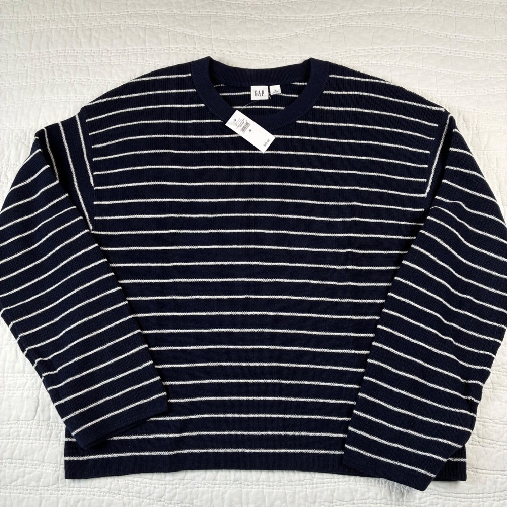 NEW GAP Navy Striped Shaker Stitch Cotton Ribbed Crewneck Sweater M Everyday